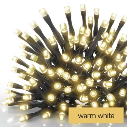 LED svetelný reťaz s mnohými malými žiarovkami s teplou bielou farbou svieti. Reťaz je tmavosivá. Text na obrázku: warm white.