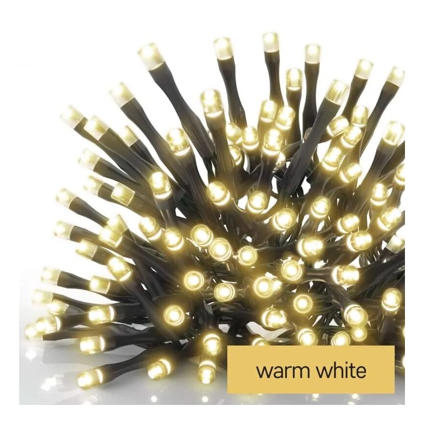 LED svetelný reťaz s mnohými malými žiarovkami s teplou bielou farbou svieti. Reťaz je tmavosivá. Text na obrázku: warm white.