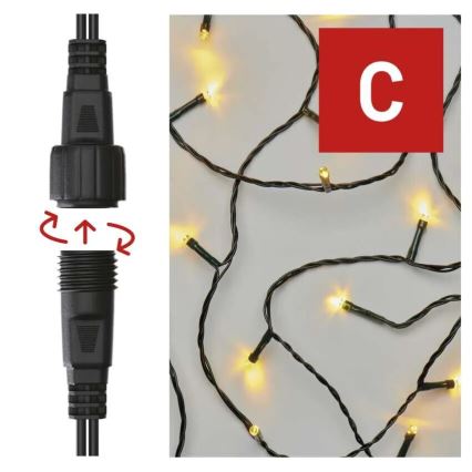 Elektrický konektor sa skladá z dvoch častí, ktoré sa spájajú otočením. Na druhej strane je zobrazený svetelný rad s mnohými žltými LED diódami na tmavozelenom kábli. Označenie: C.