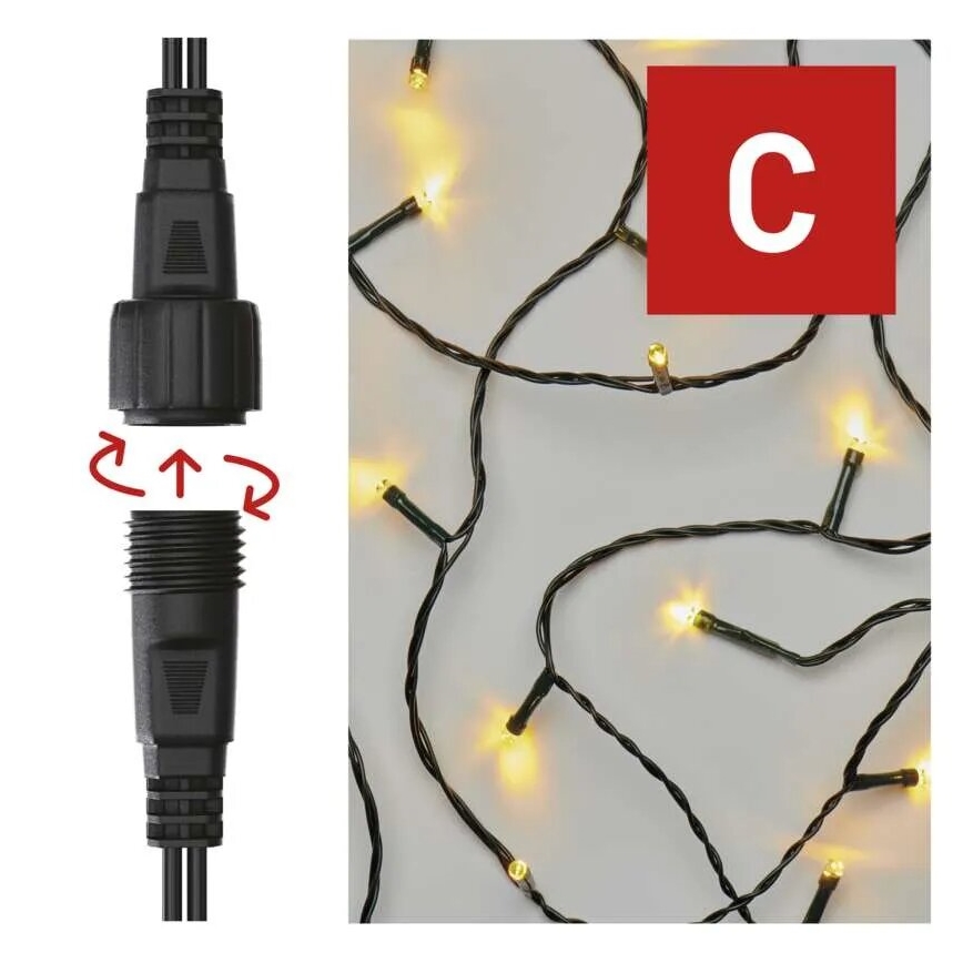 Elektrický konektor sa skladá z dvoch častí, ktoré sa spájajú otočením. Na druhej strane je zobrazený svetelný rad s mnohými žltými LED diódami na tmavozelenom kábli. Označenie: C.