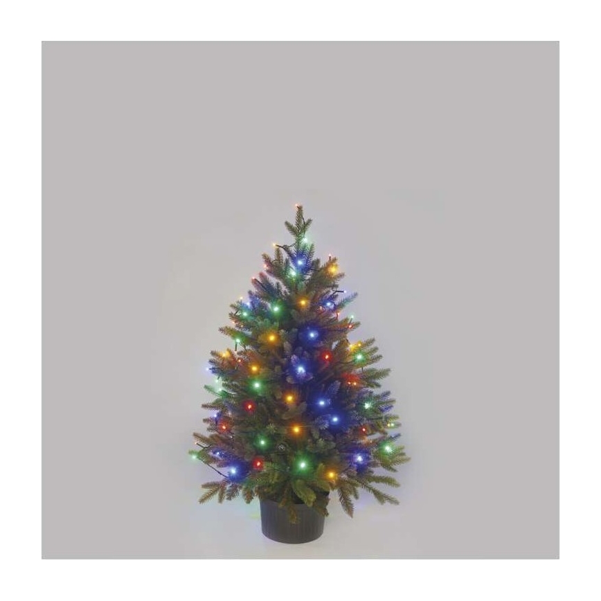 Vianočný stromček v črepníku je osvetlený farebnými LED svetlami. Stromček stojí na svetlom pozadí.