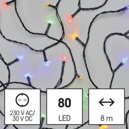 Svetlený veniec s 80 LED diódami v rôznych farbách, na 8 metrovej dĺžke kábla, s napájaním 230 V AC/30 V DC.