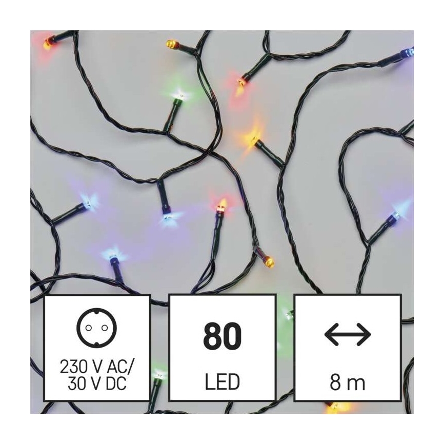 Svetlený veniec s 80 LED diódami v rôznych farbách, na 8 metrovej dĺžke kábla, s napájaním 230 V AC/30 V DC.