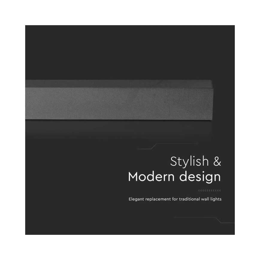 Dlhý tmavosivý obdĺžnikový predmet leží na tmavom podklade. Text pod ním znie: „Stylish & Modern design. Elegant replacement for traditional wall lights.“