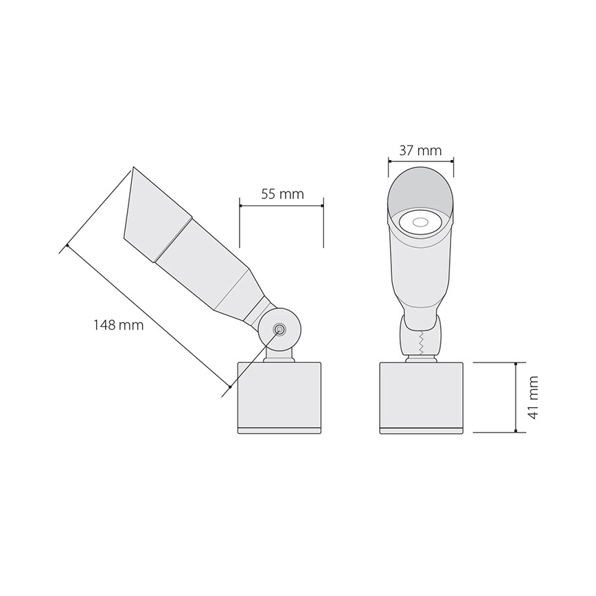 Technický výkres zobrazuje dva exteriérové svietidlá. Svietidlo vľavo je natočené, pravé je rovno. Rozmery sú uvedené v milimetroch: 148, 55, 37 a 41.