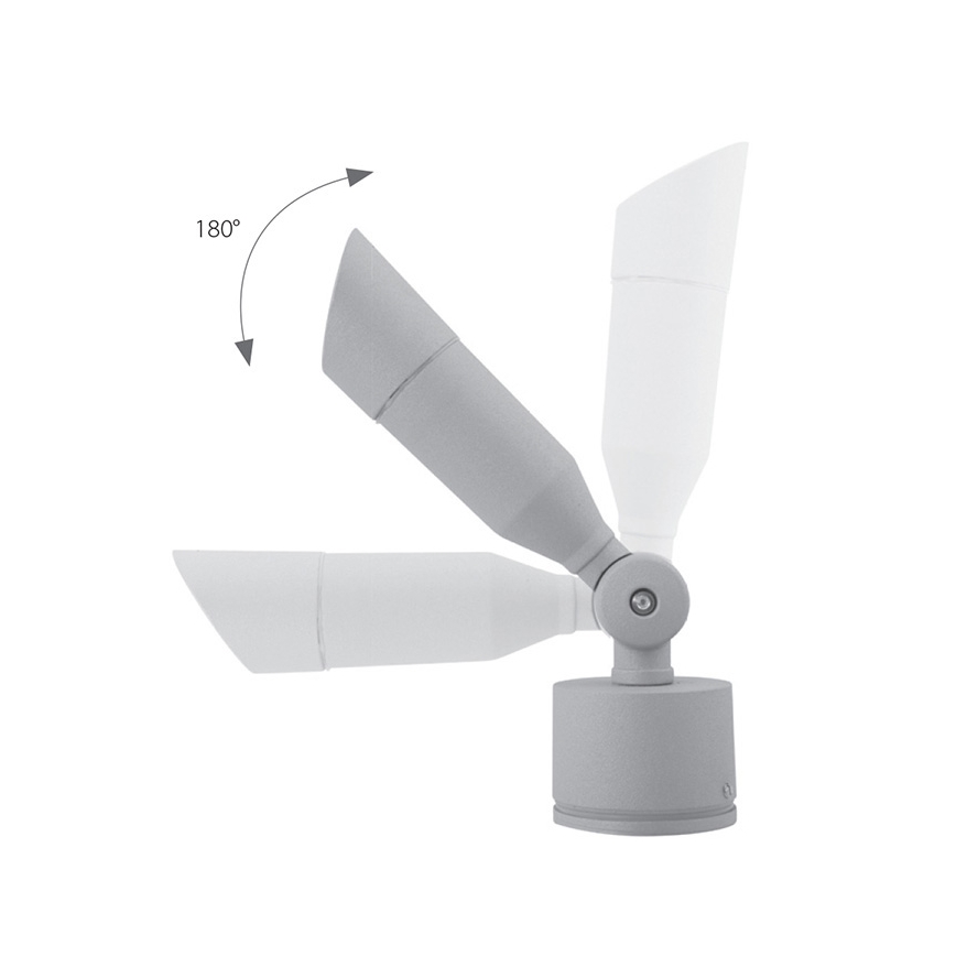 Trojité vonkajšie svietidlo s nastaviteľnými ramenami otočnými o 180°. Svietidlo je pripevnené na valcovej základni. Ramená sú svetlosivé a biele.