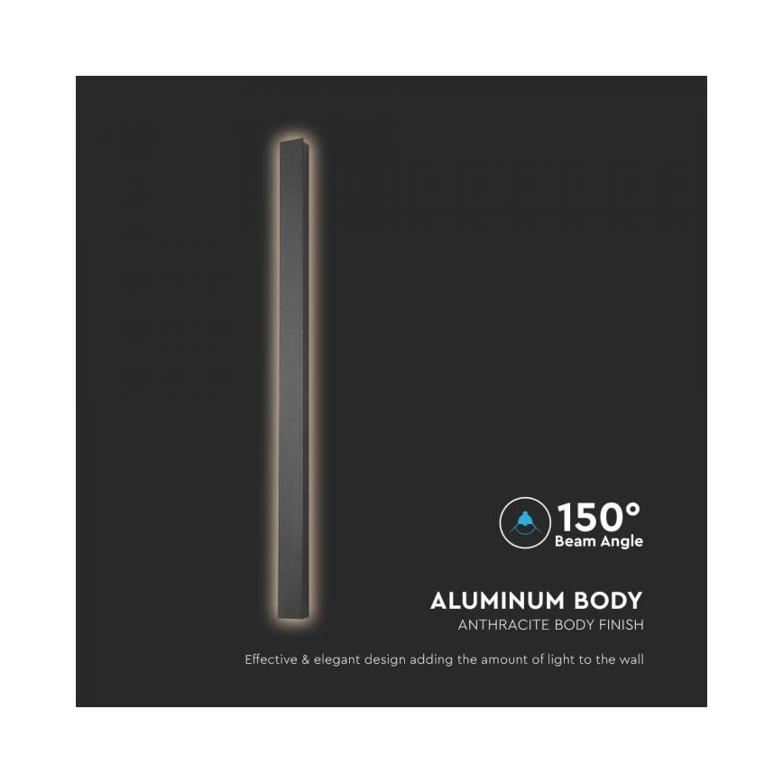 Svietidlo svieti. Je vysoké, úzke, antracitovo sfarbené s hliníkovým telom. Uhol lúča je 150°. Efektívny a elegantný dizajn pridáva svetlo na stenu.