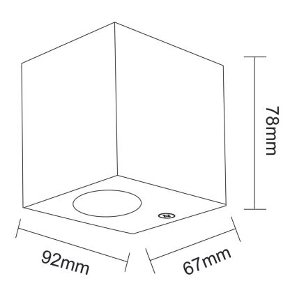 Kubické svietidlo s kruhovým otvorom na svetlo je znázornené s rozmermi: 92 mm x 67 mm x 78 mm.