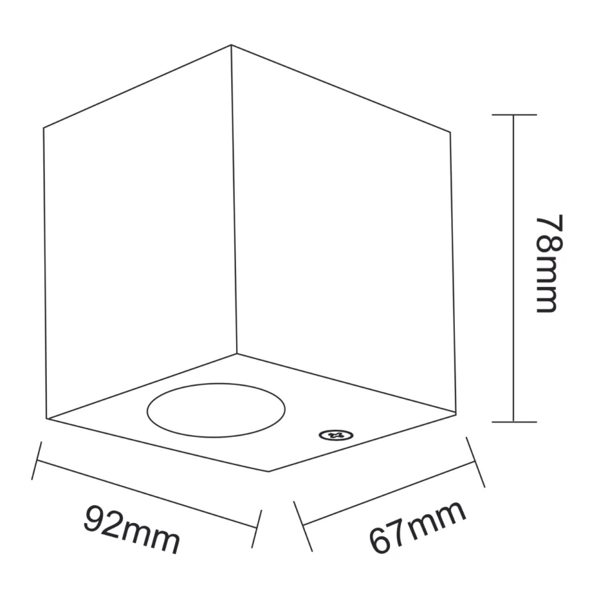 Kubické svietidlo s kruhovým otvorom na svetlo je znázornené s rozmermi: 92 mm x 67 mm x 78 mm.