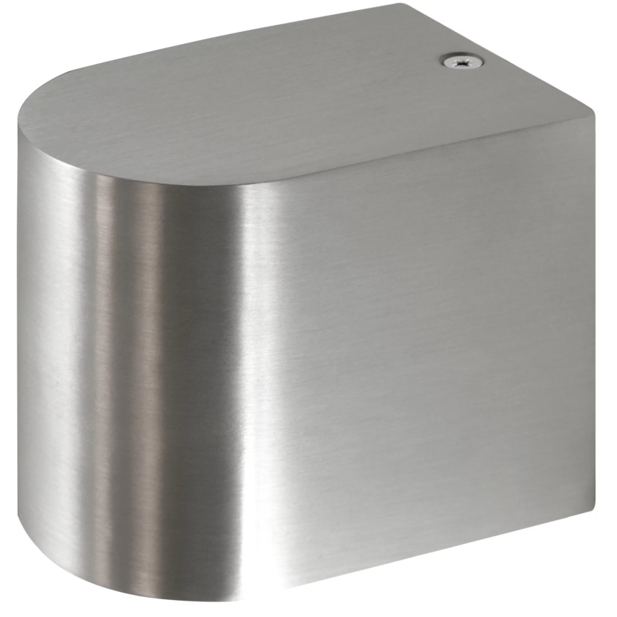 Kovová nástenná skrinka s oblými hranami je umiestnená na bielom pozadí. Skrinka je z nerezu a má viditeľný skrutkový otvor.