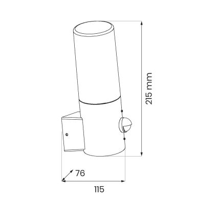 Nástené vonkajšie svietidlo s pohybovým senzorom je zobrazené v čelnom pohľade s rozmermi: výška 215 mm, šírka 115 mm a hĺbka 76 mm.