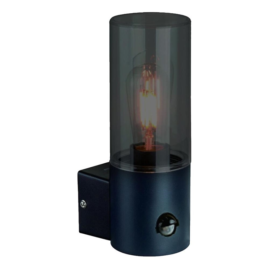 Tmavomodrá nástenná lampa s čidlom pohybu svieti. V jej vnútri je vidieť zapálenú žiarovku v tmavšom sklenenom valci. Lampa je pripevnená na stenu.