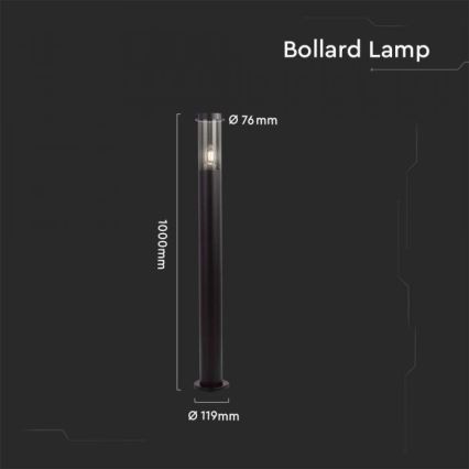 Stĺpiková lampa s priemerom základne 119 mm a výškou 1000 mm, s vrchným skleneným difúzorom s priemerom 76 mm, svieti na tmavom pozadí. Bollard Lamp.