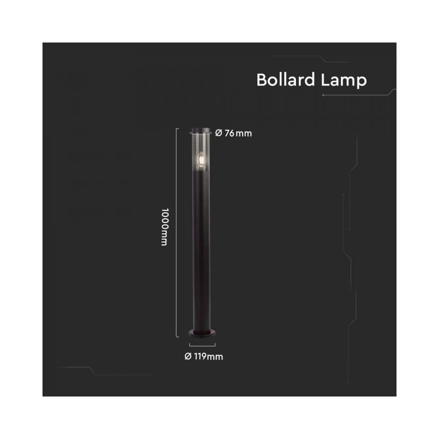 Stĺpiková lampa s priemerom základne 119 mm a výškou 1000 mm, s vrchným skleneným difúzorom s priemerom 76 mm, svieti na tmavom pozadí. Bollard Lamp.