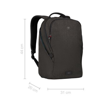 Štýlový tmavosivý batoh stojí na bielom pozadí. Je zobrazený z mierne bočného uhla. Rozmery sú 44 cm na výšku, 31 cm na šírku a 20 cm na hĺbku. Na batohu je malé logo s číslom 1893.