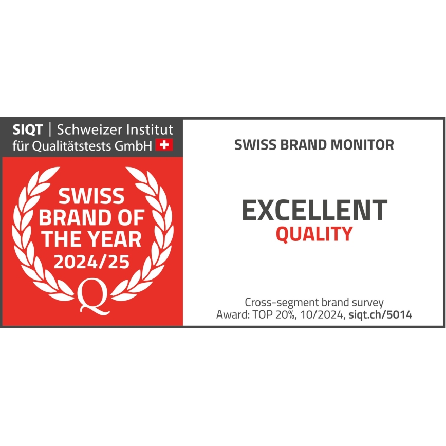Ocenenie „Swiss Brand of the Year 2024/25“ s označením „Excellent Quality“ od SIQT pre značku v TOP 20% v rámci prieskumu. Udelené 10/2024, siqt.ch/5014.