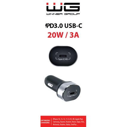 Auto nabíjačka USB-C s výkonom 20W/3A od Winner Group nabíja kompatibilné zariadenia (iPhone 14, 13, 12, 11, X, XS, XR, Apple iPad, Samsung, Xiaomi, Huawei, Honor, Oppo, Vivo, Motorola, Realme, Nokia, OnePlus). Používa rozhranie Type-C PD.