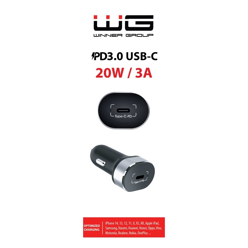 Auto nabíjačka USB-C s výkonom 20W/3A od Winner Group nabíja kompatibilné zariadenia (iPhone 14, 13, 12, 11, X, XS, XR, Apple iPad, Samsung, Xiaomi, Huawei, Honor, Oppo, Vivo, Motorola, Realme, Nokia, OnePlus). Používa rozhranie Type-C PD.