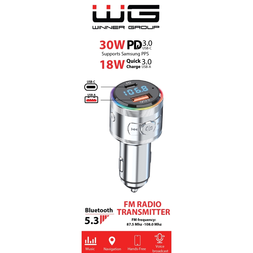 Winner Group - Autonabíjačka s FM vysielačom a funkciou handsfree, 20 W, strieborná
