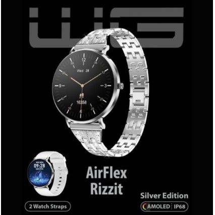 Strieborné inteligentné hodinky AirFlex Rizzit Silver Edition s kovovými remienkami zobrazujú čas a dátum. Hodinky obsahujú dva remienky. Technické údaje: AMOLED, IP68.