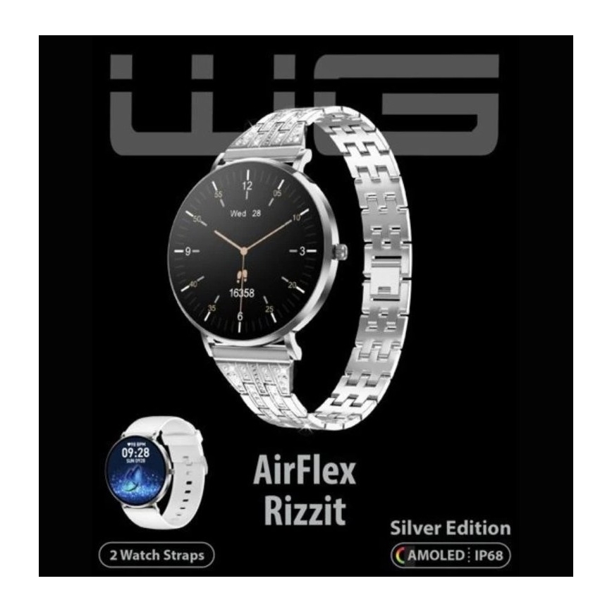 Strieborné inteligentné hodinky AirFlex Rizzit Silver Edition s kovovými remienkami zobrazujú čas a dátum. Hodinky obsahujú dva remienky. Technické údaje: AMOLED, IP68.