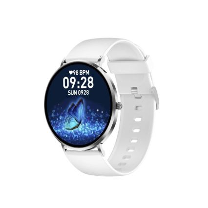 Inteligentné hodinky s bielym remienkom zobrazujú čas 09:28, nedeľu 0928, tepovú frekvenciu 98 BPM a motýľa na displeji. Hodinky sú umiestnené na bielom pozadí.
