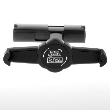 Držiak na tablety drží tablet. Je čierny, prispôsobiteľný pre mini tablety, iPad a väčšinu tabletov. Je umiestnený na bielom pozadí.