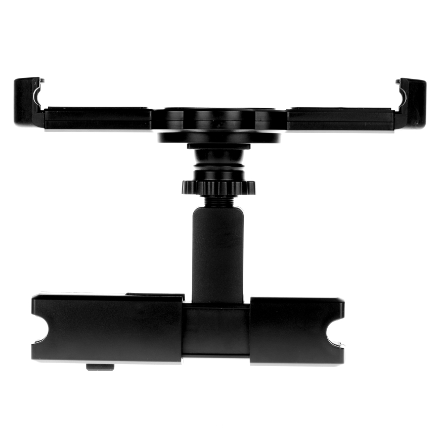 Držiak na tablet drží tablet vodorovne. Je čierny, má nastaviteľný mechanizmus a je určený na pripevnenie na iné plochy.