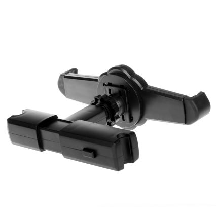 Držiak na tablet drží tablet. Je čierny, skladací a má otočný mechanizmus. Nachádza sa na bielom pozadí.