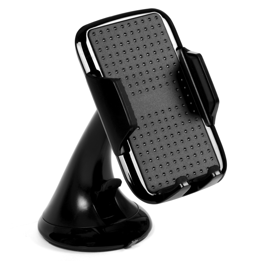Držiak na mobilný telefón drží telefón vo zvislej polohe. Je čierny, s prísavkou na pripevnenie k povrchu. Slúži na upevnenie telefónu, pravdepodobne v aute.