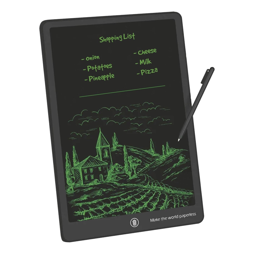 Elektronický zápisník s čiernym povrchom zobrazuje nákupný zoznam (cibuľa, zemiaky, ananás, syr, mlieko, pizza) a kresbu vidieckej krajiny. K nemu patrí stylus. Na spodku je text: „Make the world paperless“.