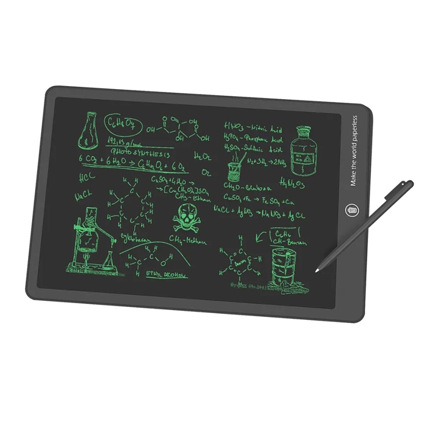 Elektronický tablet zobrazuje zelené chemické vzorce a obrázky, vrátane vzorcov glukózy, etanolu a ďalších látok. Je doplnený stylusom. Text na tablete obsahuje chemické vzorce a názvy kyselín. Na pravej strane je nápis „Make the world paperless“.