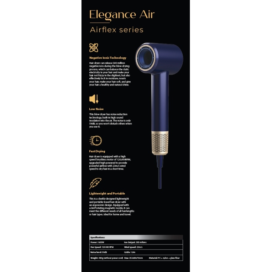 Winner Group - Fén s ionizátorom Elegance Air 1600W/230V modrá