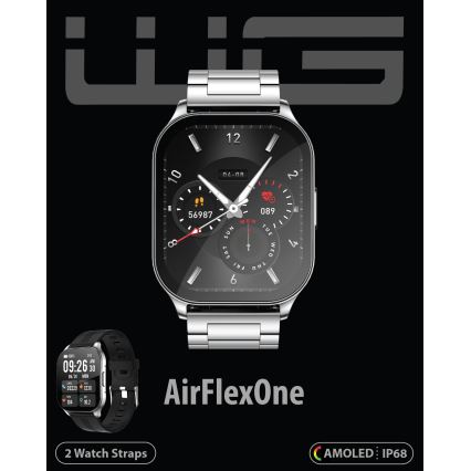 Smart hodinky AirFlexOne zobrazujú čas a ďalšie údaje. Majú kovový remienok a dodávajú sa s dvoma remienkami. Na displeji sú viditeľné údaje o dátume, čase, krokoch (56987) a tepu (089). Používajú technológiu AMOLED a sú odolné voči vode (IP68).