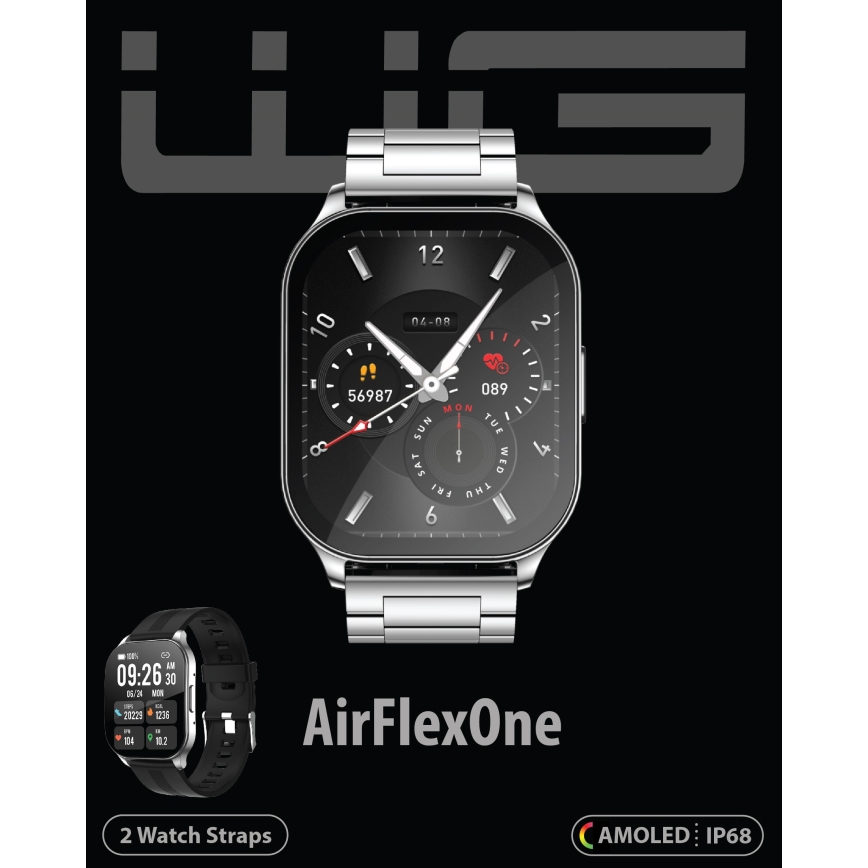 Smart hodinky AirFlexOne zobrazujú čas a ďalšie údaje. Majú kovový remienok a dodávajú sa s dvoma remienkami. Na displeji sú viditeľné údaje o dátume, čase, krokoch (56987) a tepu (089). Používajú technológiu AMOLED a sú odolné voči vode (IP68).