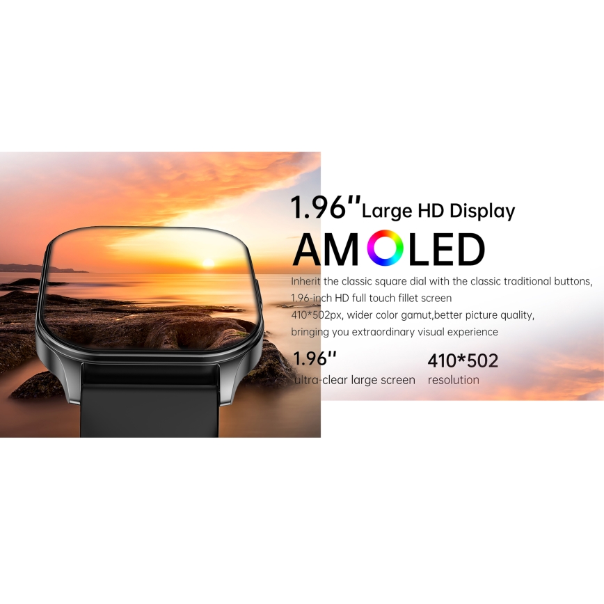 Chytré hodinky s 1,96-palcovým AMOLED displejom zobrazujú západ slnka nad morom. Rozlíšenie displeja je 410x502 pixelov. Hodinky majú štvorcový ciferník.