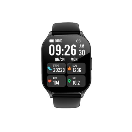 Chytré hodinky zobrazujú čas 09:26, dátum 06/24, deň v týždni pondelok a údaje o aktivite: 20229 krokov, 1236 kcal, 104 bpm, 10,2 km. Batéria je na 100%.