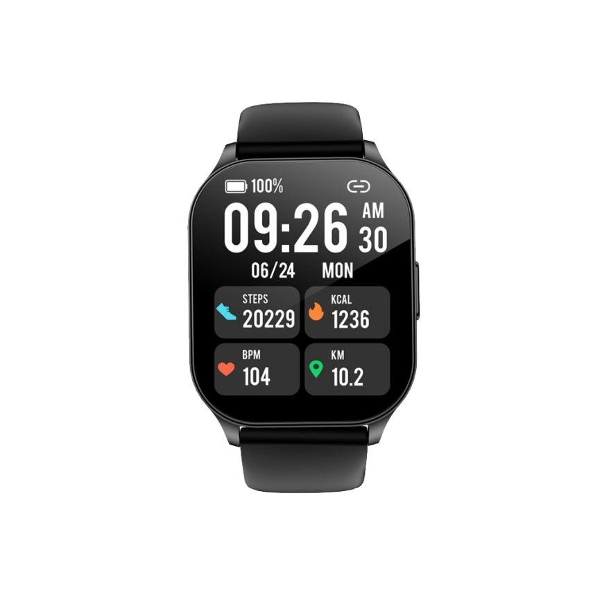 Chytré hodinky zobrazujú čas 09:26, dátum 06/24, deň v týždni pondelok a údaje o aktivite: 20229 krokov, 1236 kcal, 104 bpm, 10,2 km. Batéria je na 100%.