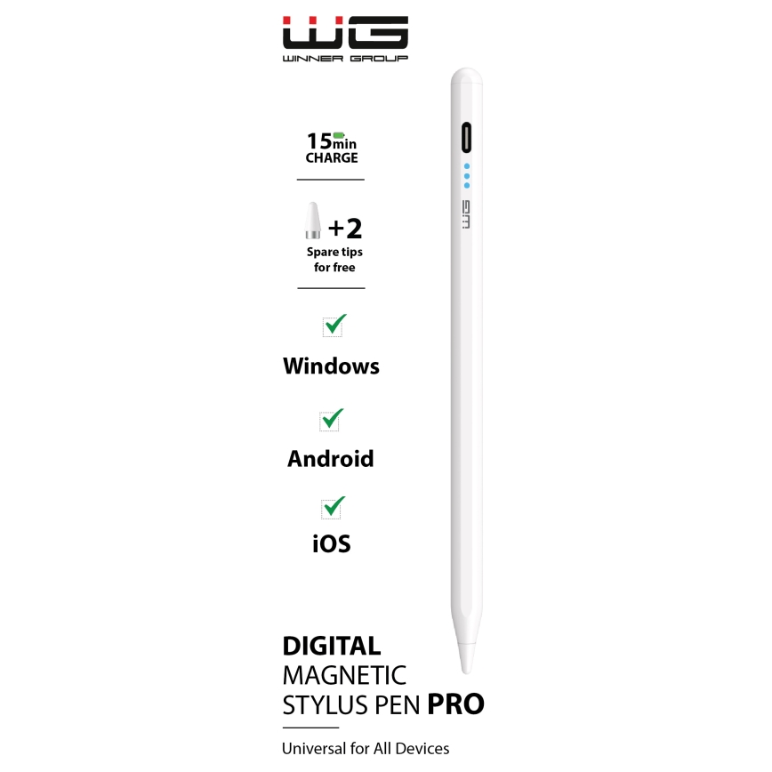 Biely digitálny magnetický stylus „Stylus Pen Pro“ je kompatibilný s Windows, Androidom a iOS. Nabíja sa za 15 minút a obsahuje dve náhradné hroty.