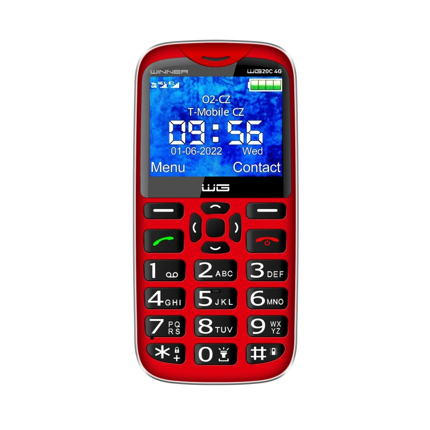 Červený mobilný telefón WINNER LW20C 4G zobrazuje čas 09:56, dátum 01-06-2022 a deň streda. Na displeji sú tiež zobrazené informácie o sieti O2-CZ a T-Mobile CZ a možnosti „Menu“ a „Contact“.
