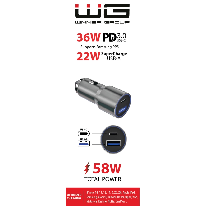 Winner Group - Nabíjačka do auta 1xUSB-C + 1xUSB-A Power Delivery 58,5W strieborná