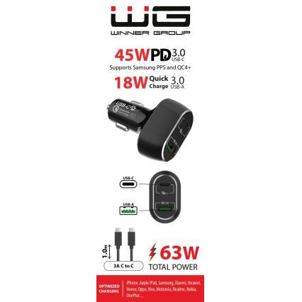 Winner Group - Nabíjačka do auta 1xUSB-C + 1xUSB-A Power Delivery 63W + USB kábel USB-C / USB-C 1 m čierna