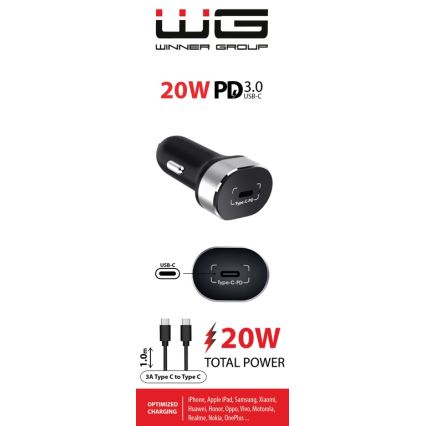 Winner Group - Nabíjačka do auta 1xUSB-C Power Delivery 20W + USB kábel USB-C / USB-C 1 m čierna