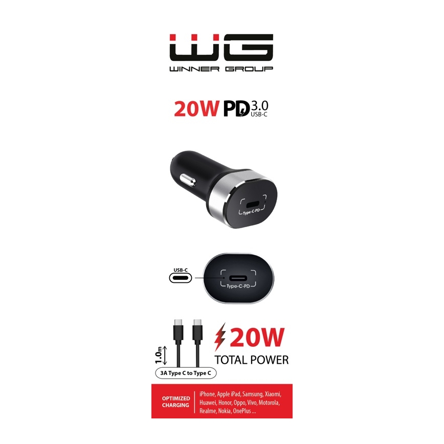 Winner Group - Nabíjačka do auta 1xUSB-C Power Delivery 20W + USB kábel USB-C / USB-C 1 m čierna