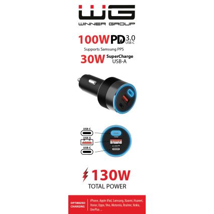 Winner Group - Nabíjačka do auta 2xUSB-C + 1xUSB-A Power Delivery 130W čierna