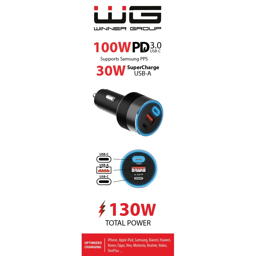 Winner Group - Nabíjačka do auta 2xUSB-C + 1xUSB-A Power Delivery 130W čierna