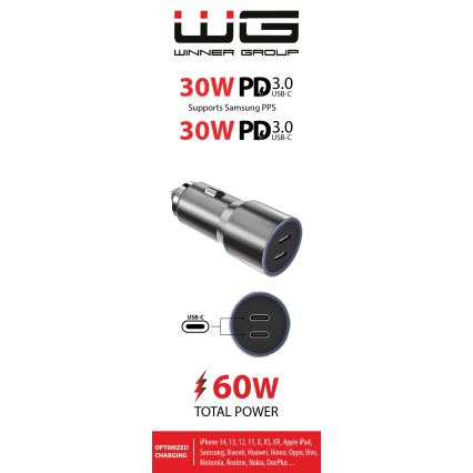 Winner Group - Nabíjačka do auta 2xUSB-C Power Delivery 60W strieborná