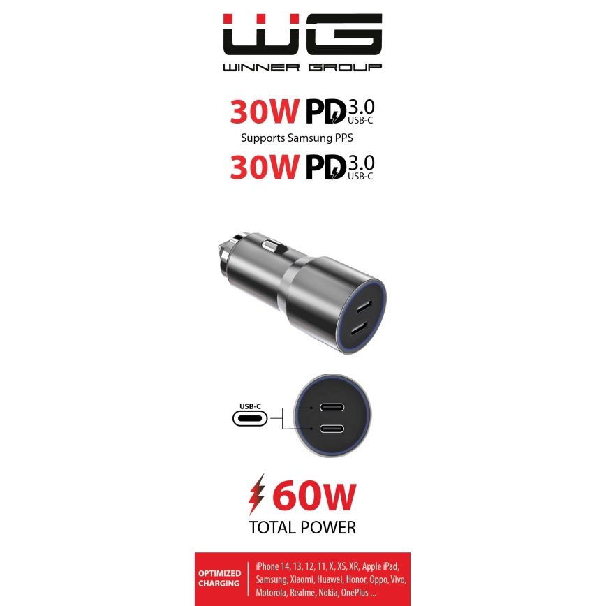 Winner Group - Nabíjačka do auta 2xUSB-C Power Delivery 60W strieborná