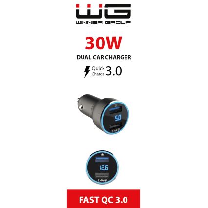 Winner Group - Nabíjačka do auta s displejom 2xUSB-A Power Delivery 30W čierna