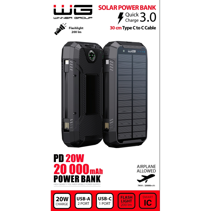 Winner Group - Powerbanka s bezdrôtovým nabíjaním a solárnym panelom 20000 mAh 20W PD